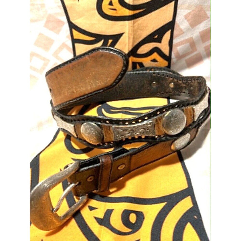 Tony Lama Western Leather Belt • Silver Engraved Buckle • Concho Accents